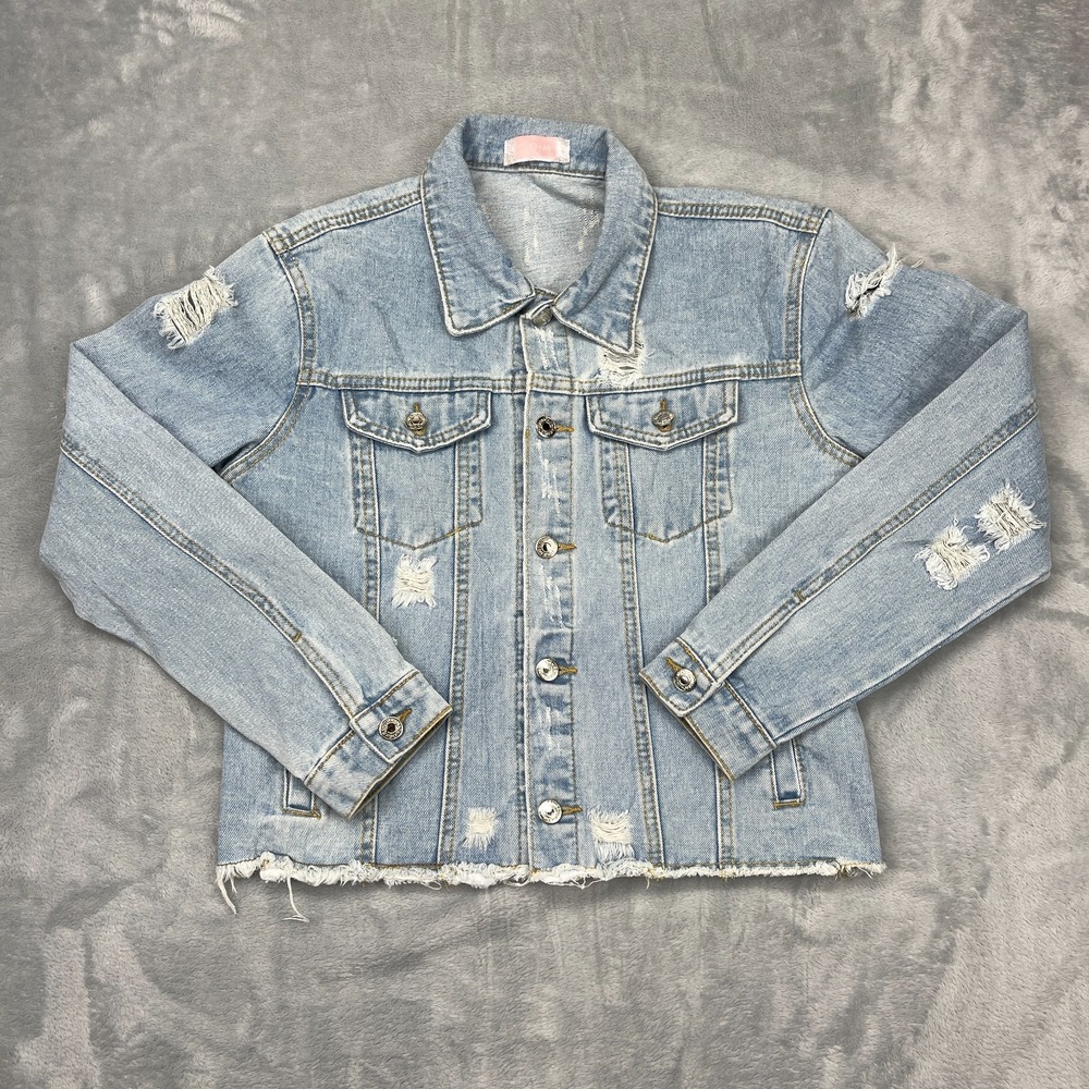 C+D+M Jean Truckerโ Jacket Womens L Blue Denim Distressed Collared Button Front